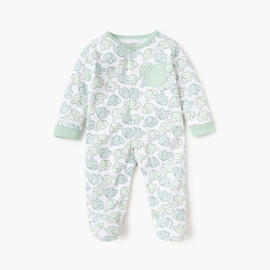 Juniors Elephant Print Closed Foot Sleepsuit with Long Sleeves and Snap Button Closure - Green / 9-12 mths