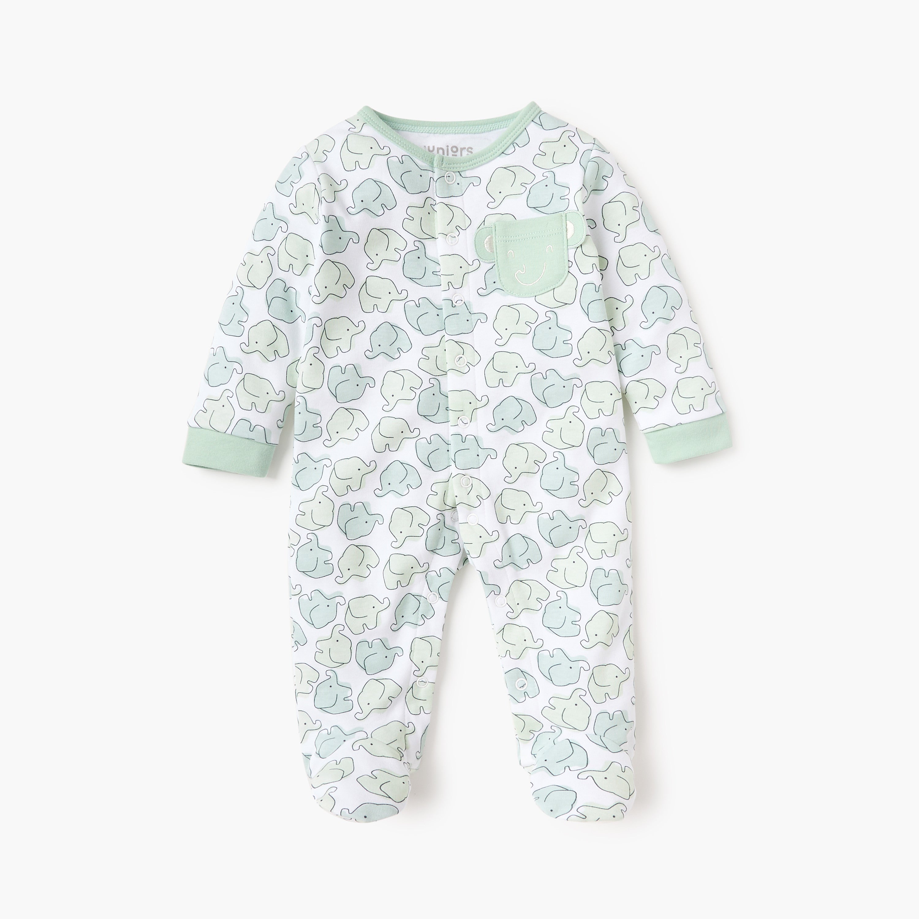 Juniors Elephant Print Closed Foot Sleepsuit with Long Sleeves and Snap Button Closure - Green / 9-12 mths