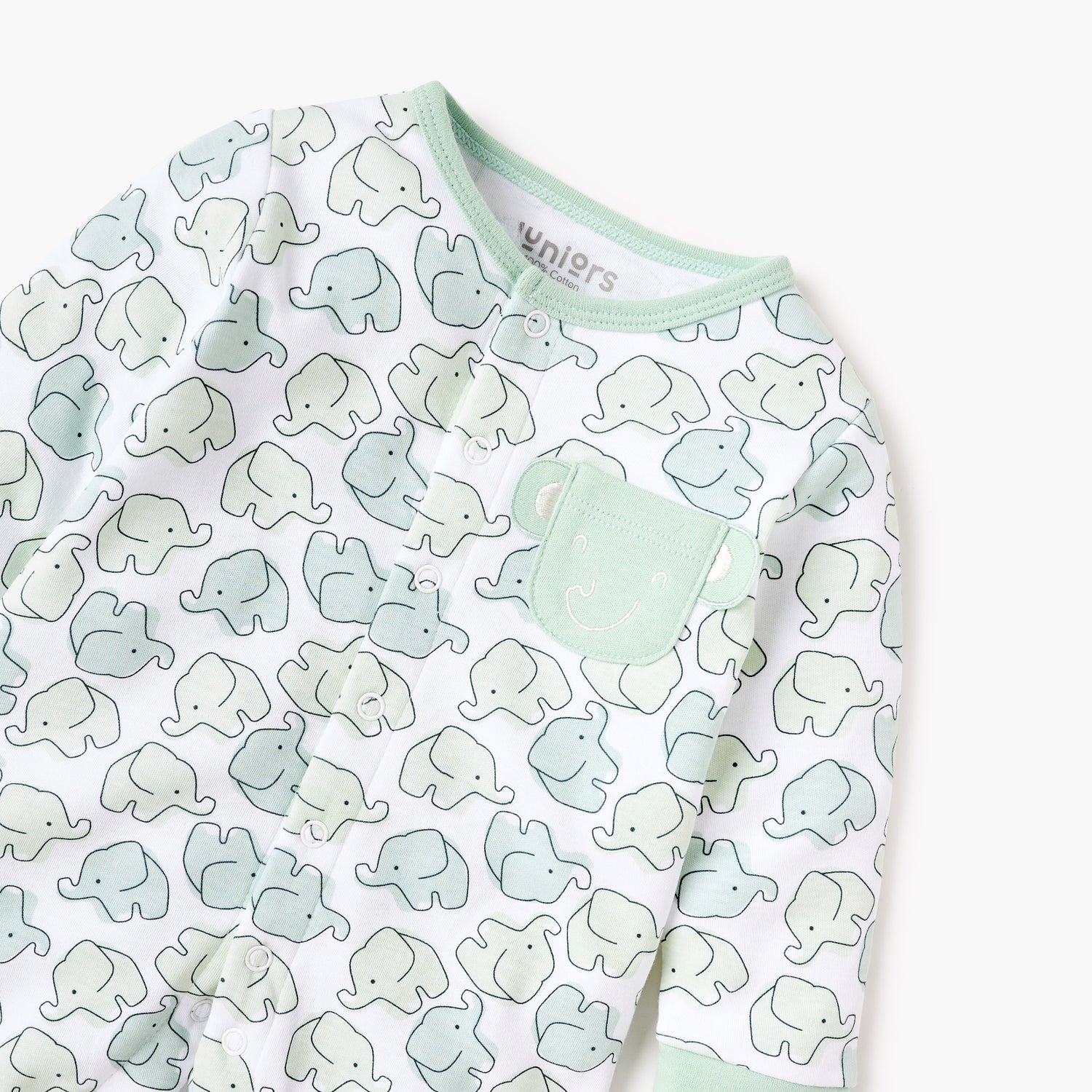 Juniors Elephant Print Closed Foot Sleepsuit with Long Sleeves and Snap Button Closure