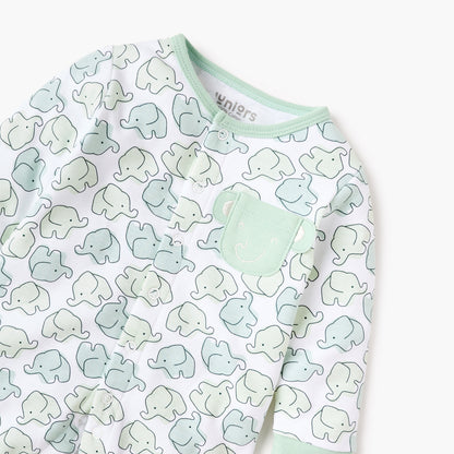 Juniors Elephant Print Closed Foot Sleepsuit with Long Sleeves and Snap Button Closure