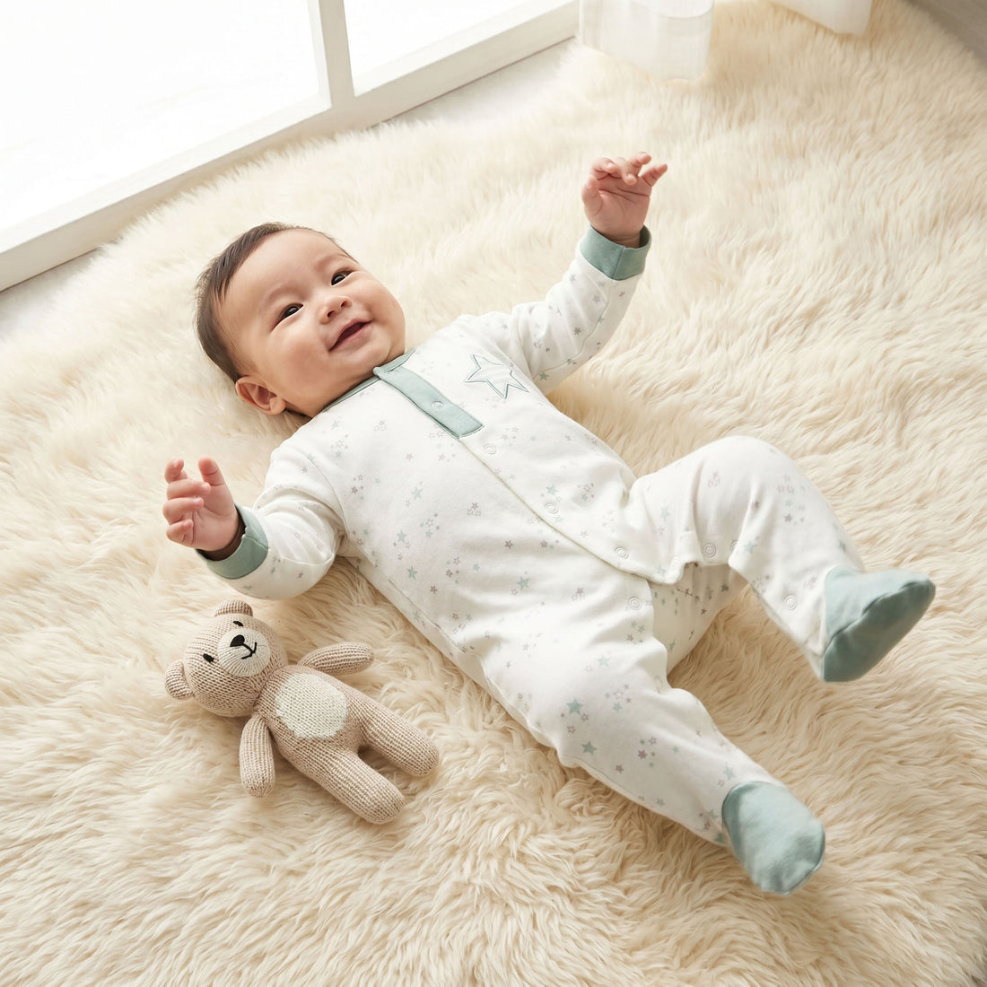 Juniors Cotton Crew Neck Long Sleeves Sleepsuit with Star Print - White / 9-12 mths