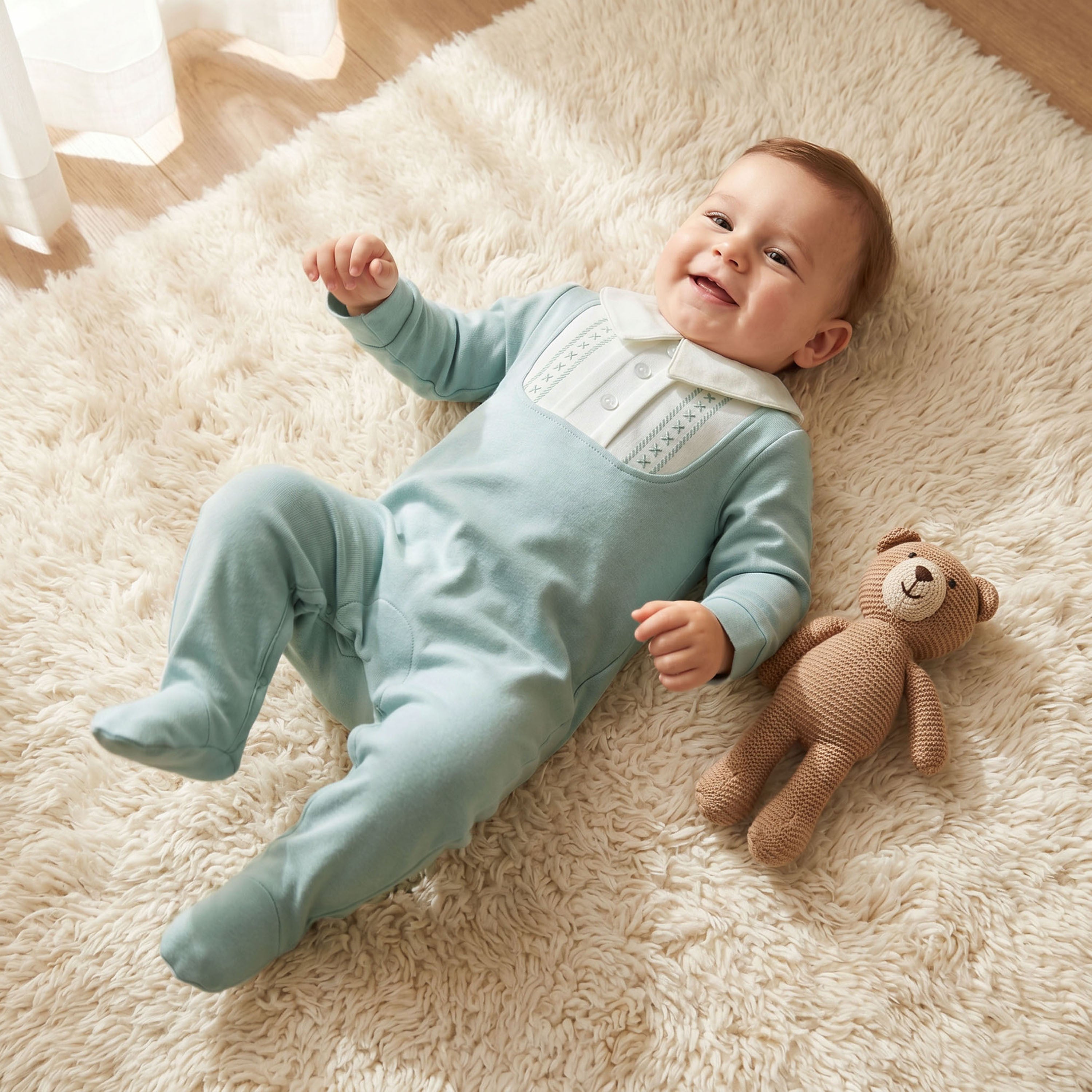 Juniors Cotton Collared Long Sleeves Sleepsuit with Snap Button Closure - Green / 9-12 mths