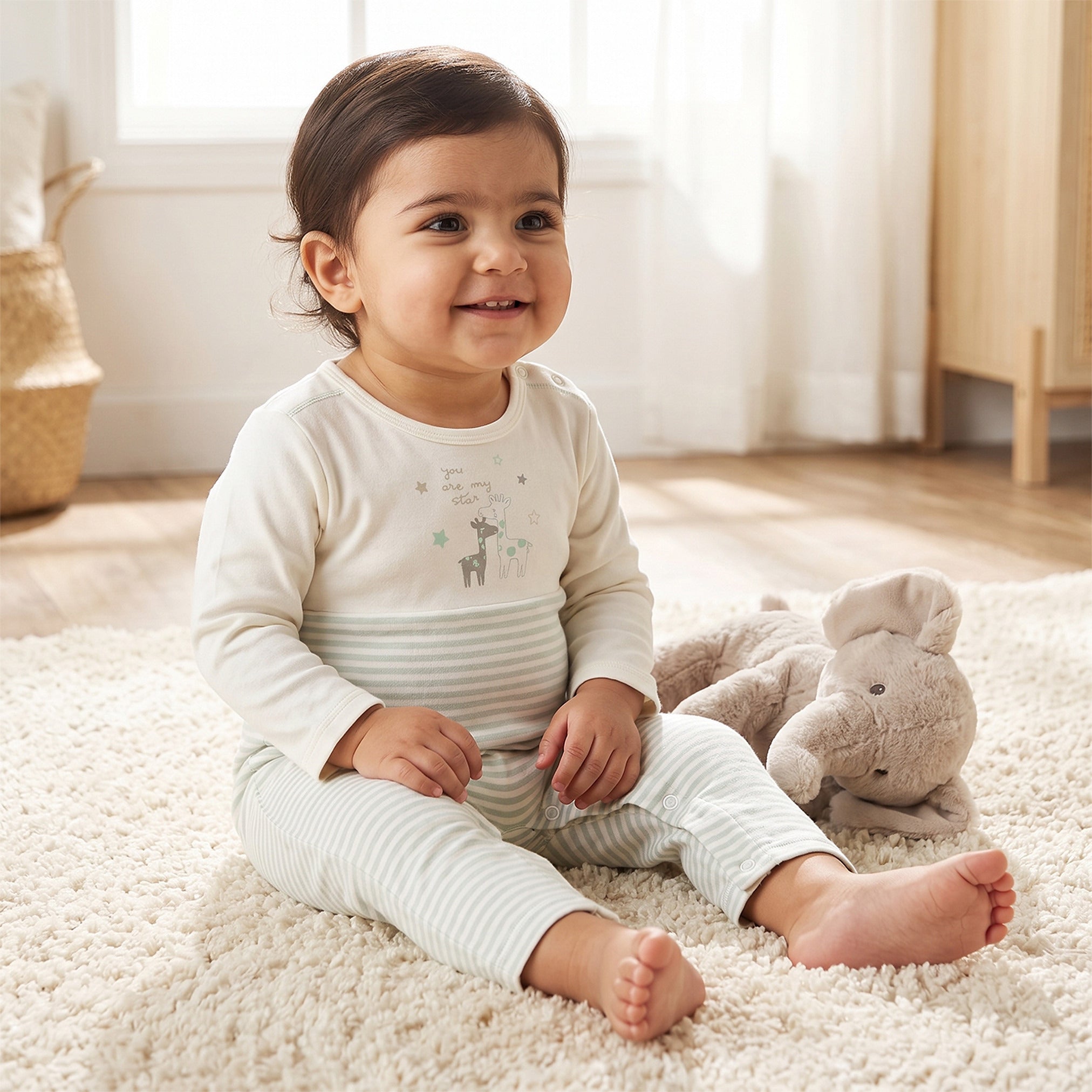 Juniors Cotton Crew Neck Long Sleeves Sleepsuit with Giraffe Print - White / 12-18 mths
