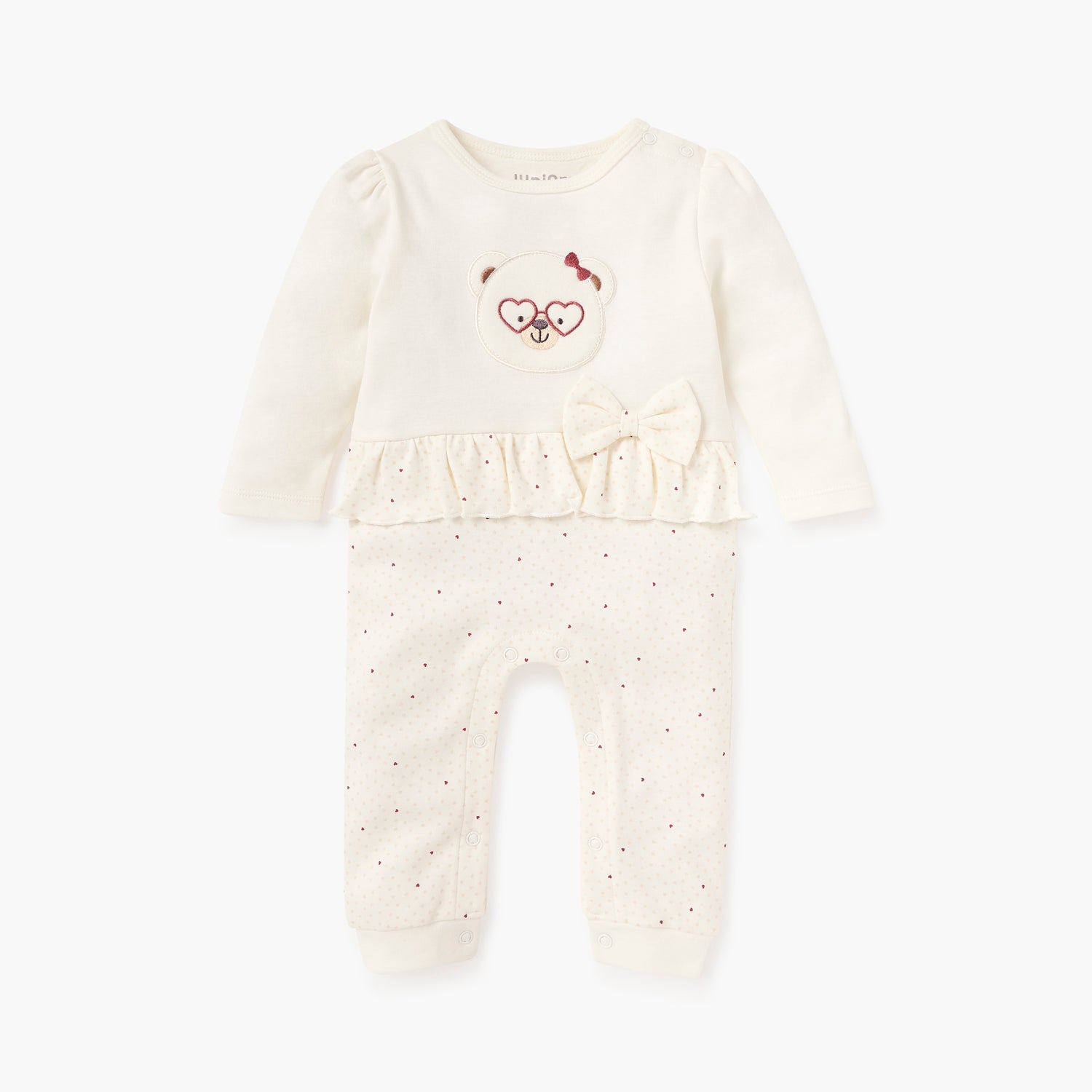 Juniors Bear Applique Sleepsuit with Long Sleeves and Bow Detail - Cream / 12-18 mths