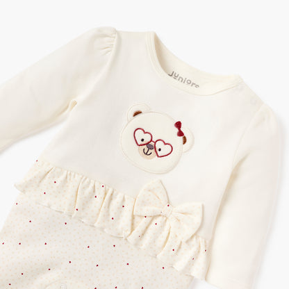 Juniors Bear Applique Sleepsuit with Long Sleeves and Bow Detail