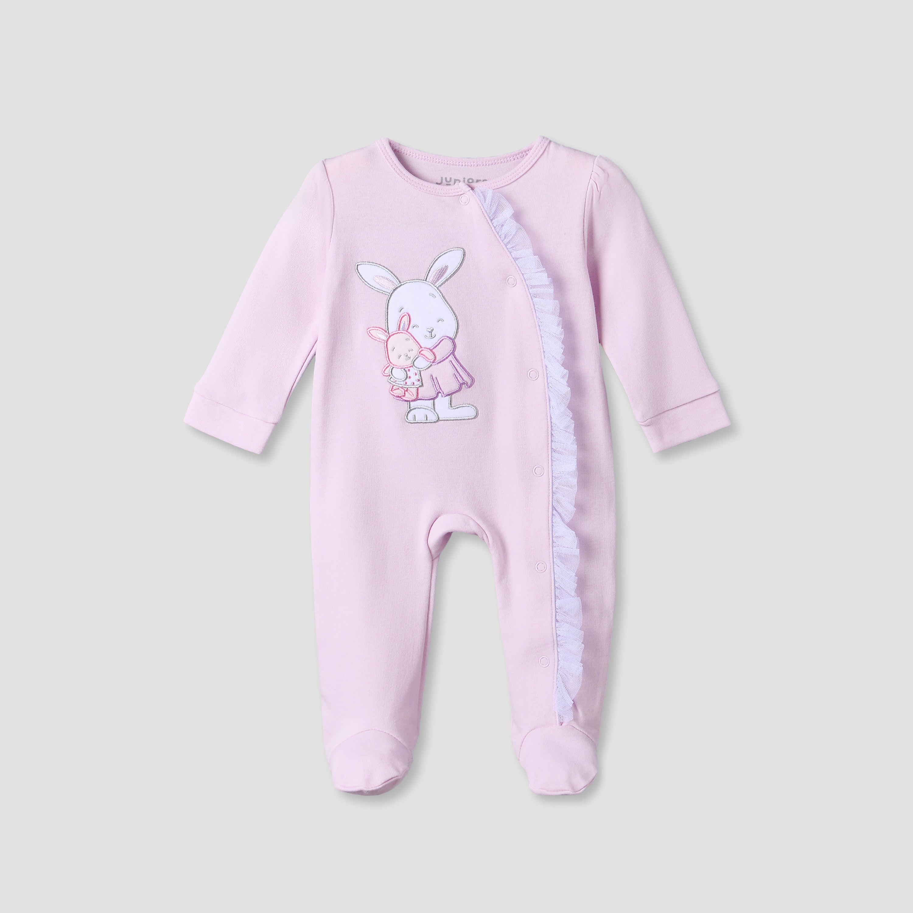 Juniors Cotton Round Neck Long Sleeves Sleepsuit with Bunny Applique - Purple / 9-12 mths