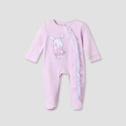 Juniors Cotton Round Neck Long Sleeves Sleepsuit with Bunny Applique - Purple / 9-12 mths