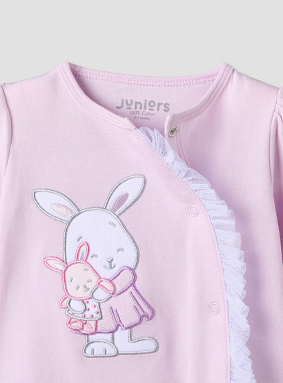 Juniors Cotton Round Neck Long Sleeves Sleepsuit with Bunny Applique-baby-girls-clothing-nightwear-sleepsuits-image-3