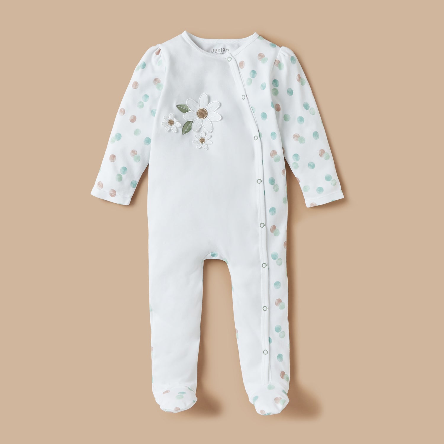 Juniors Flower Applique Closed Feet Sleepsuit with Button Closure - White / 12-18 mths