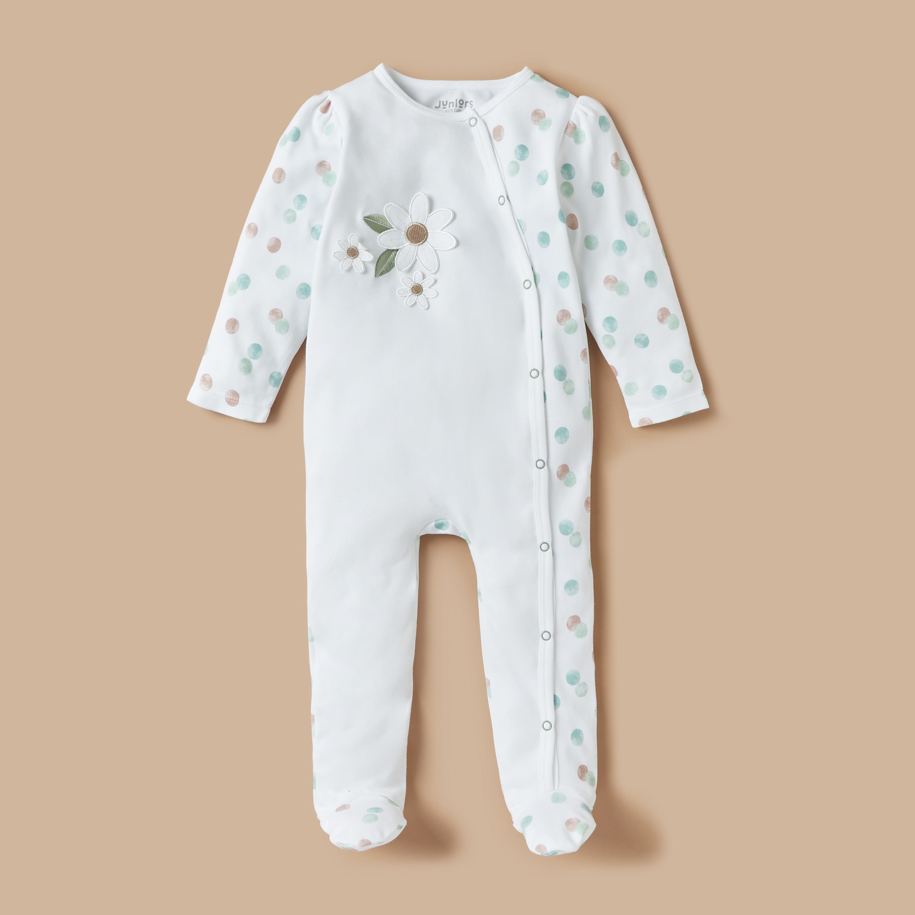 Juniors Flower Applique Closed Feet Sleepsuit with Button Closure - White / 12-18 mths
