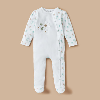 Juniors Flower Applique Closed Feet Sleepsuit with Button Closure - White / 12-18 mths
