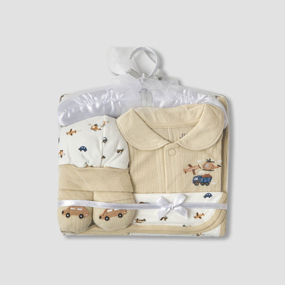 Set of 5 Juniors Clothing Gift Set with Vehicle Print - Beige / 0-6 mths