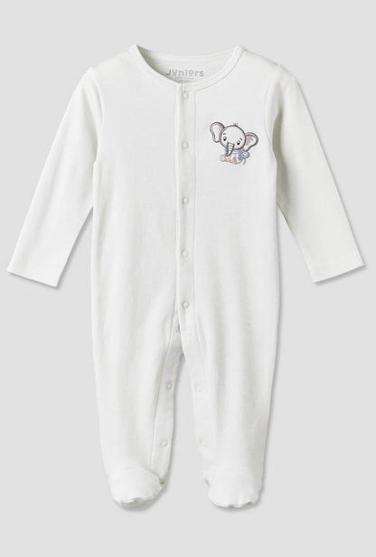 Juniors Cotton Crew Neck Long Sleeves Sleepsuit with Elephant Applique