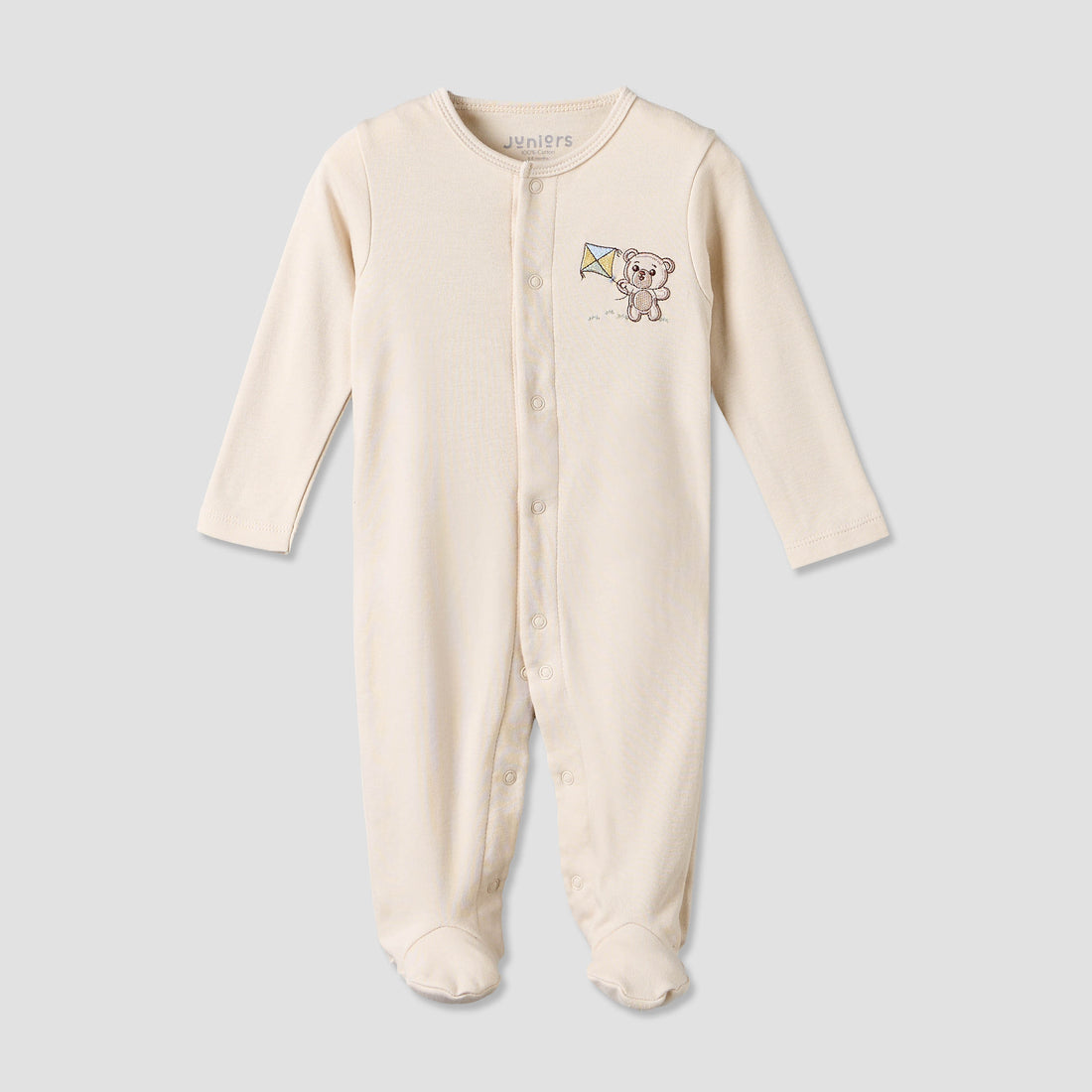 Juniors Cotton Crew Neck Long Sleeves Sleepsuit with Bear Applique - Beige / 12-18 mths
