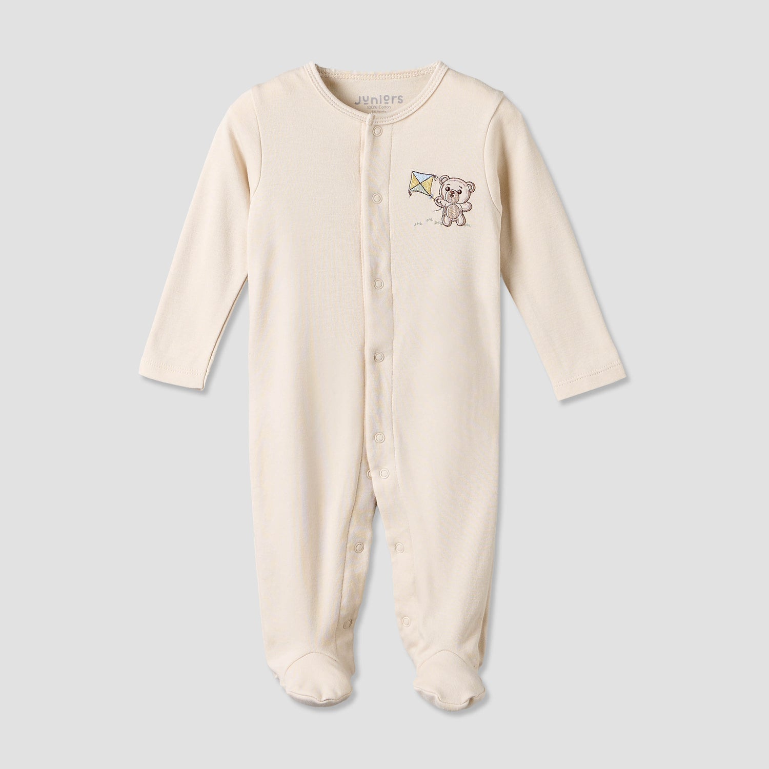 Juniors Cotton Crew Neck Long Sleeves Sleepsuit with Bear Applique - Beige / 12-18 mths