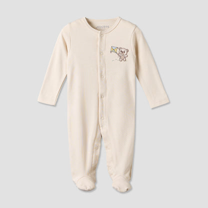 Juniors Cotton Crew Neck Long Sleeves Sleepsuit with Bear Applique - Beige / 12-18 mths