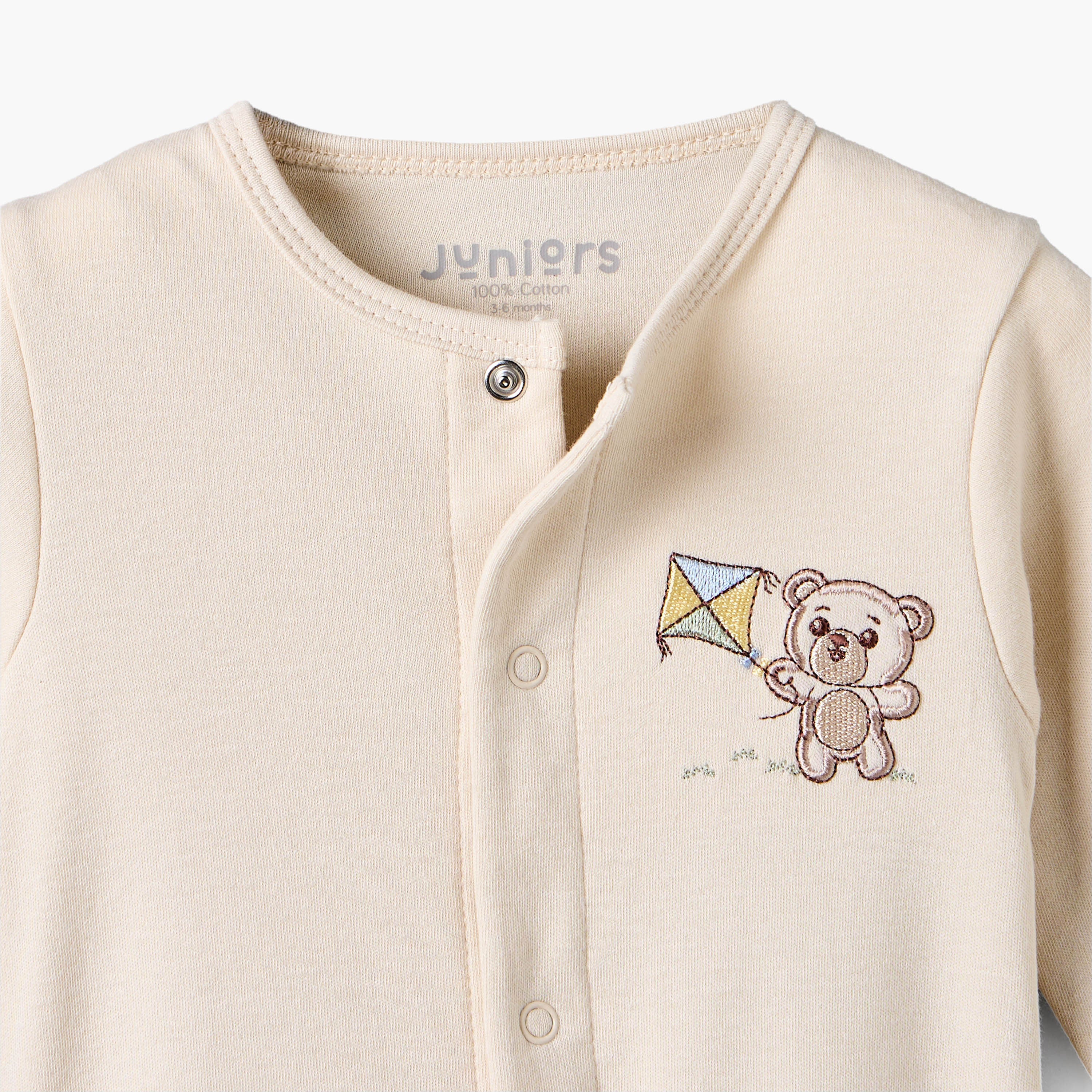 Juniors Cotton Crew Neck Long Sleeves Sleepsuit with Bear Applique