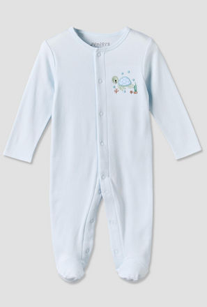 Juniors Cotton Crew Neck Long Sleeves Sleepsuit with Turtle Applique