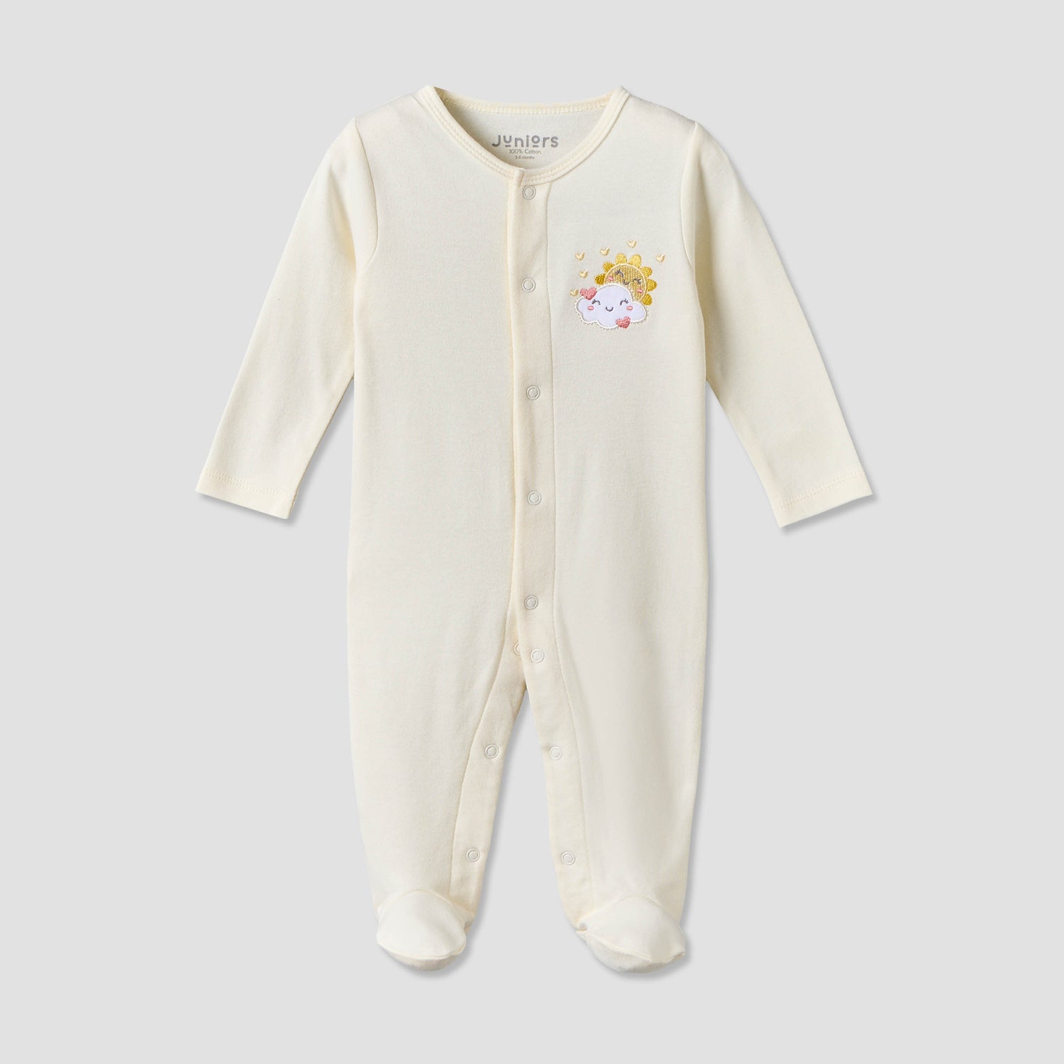 Juniors Cotton Crew Neck Long Sleeves Sleepsuit with Cloud Applique - Cream / 12-18 mths