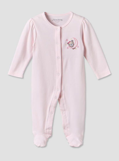 Juniors Cotton Crew Neck Long Sleeves Sleepsuit with Bear Applique-baby-girls-clothing-nightwear-sleepsuits-image-1