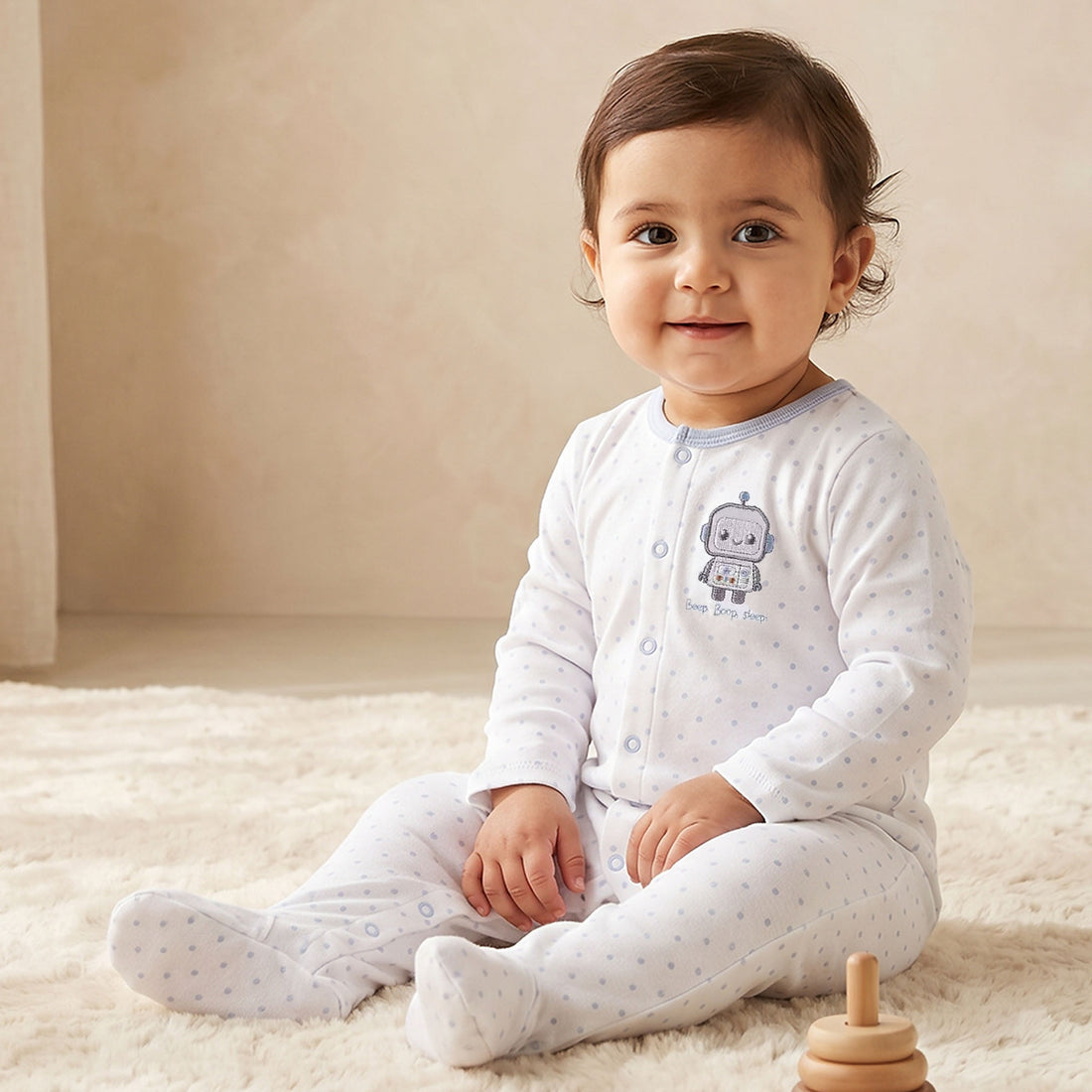 Juniors Robot Applique Sleepsuit with Long Sleeves and Button Closure - Blue / 12-18 mths