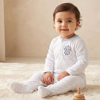 Juniors Robot Applique Sleepsuit with Long Sleeves and Button Closure - Blue / 12-18 mths