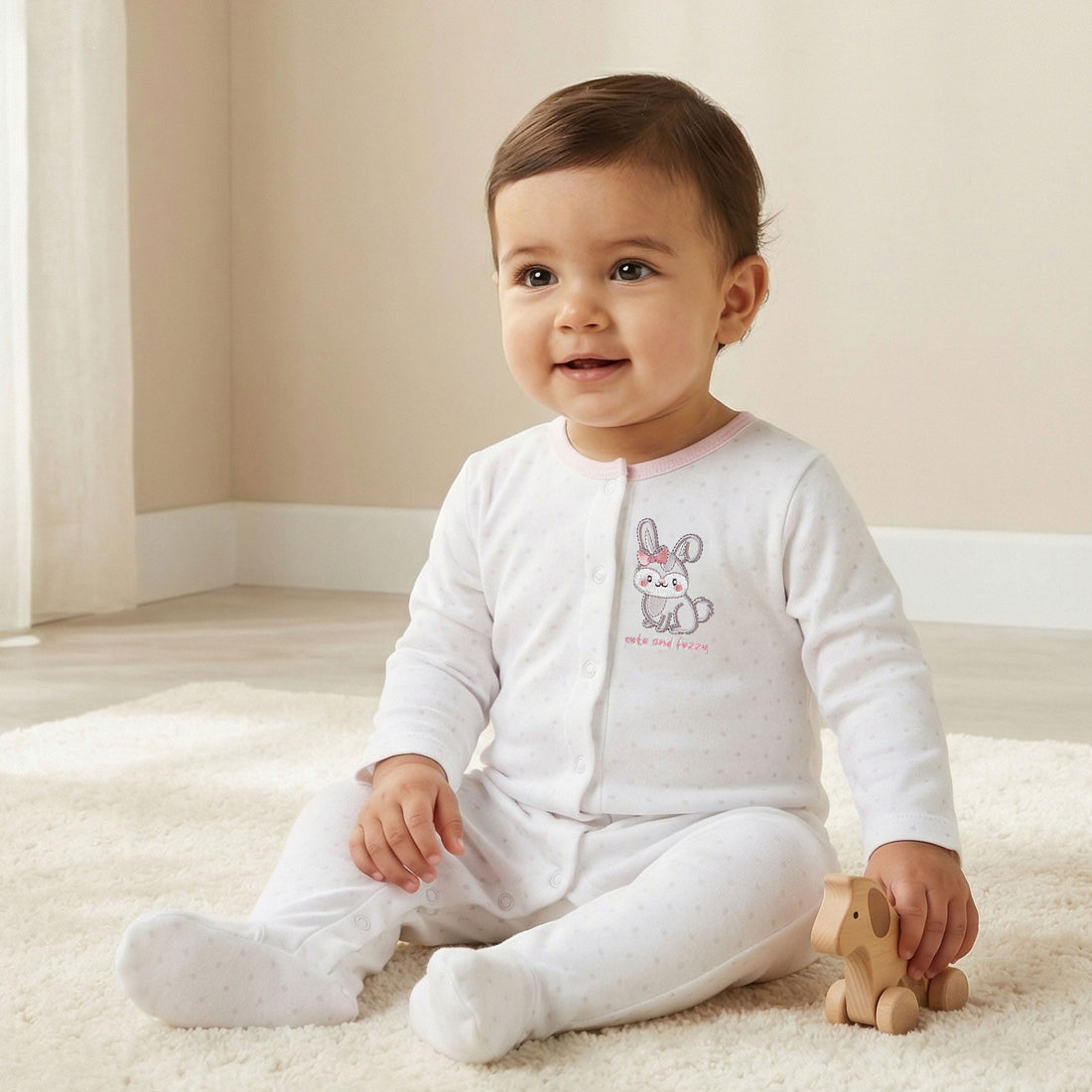 Juniors Bunny Embroidered Sleepsuit with Button Closure - White / 12-18 mths