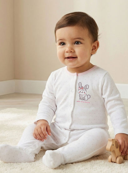 Juniors Bunny Embroidered Sleepsuit with Button Closure-baby-girls-clothing-nightwear-sleepsuits-image-1