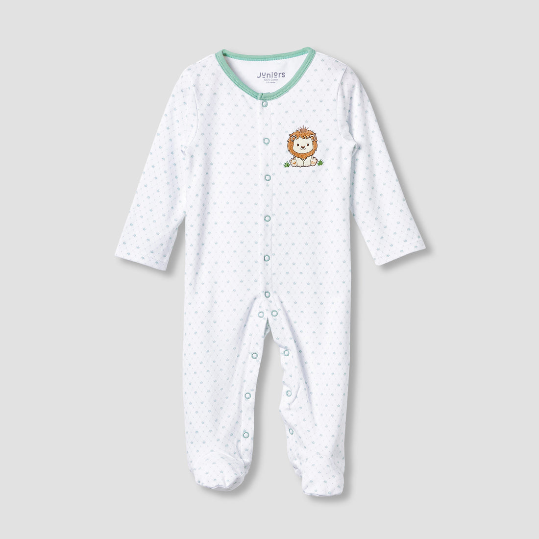 Juniors Round Neck Sleepsuit with Closed Feet - Cotton - Long Sleeves - White / 12-18 mths