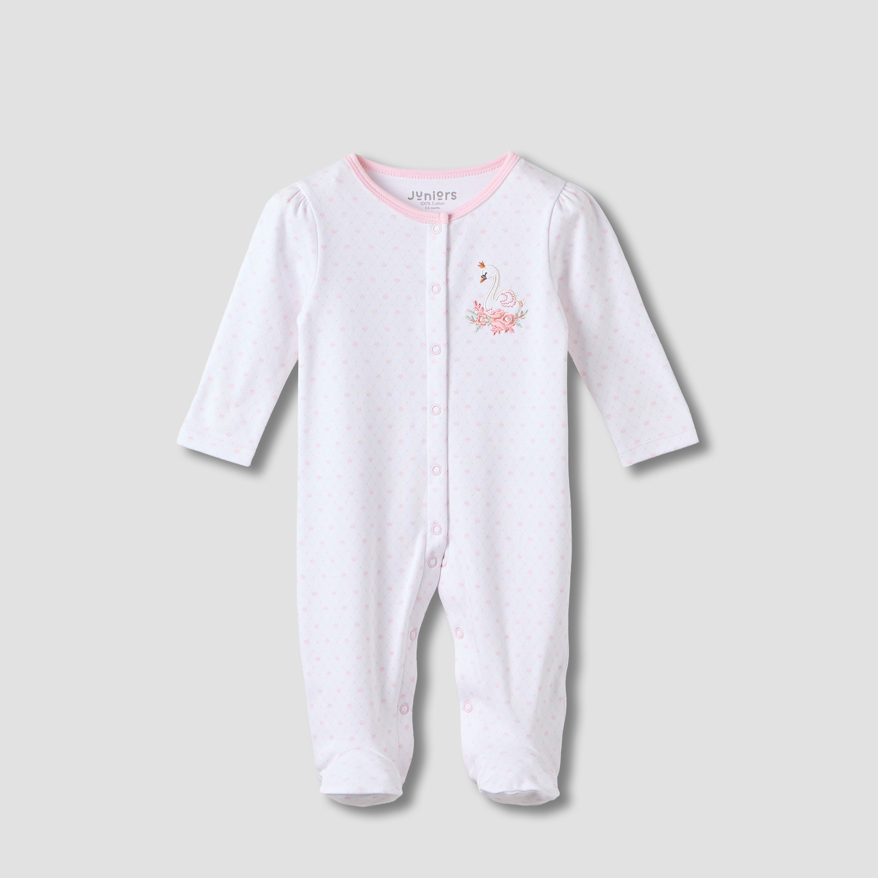 Juniors Swan Embroidered Sleepsuit with Long Sleeves - Pink / 12-18 mths