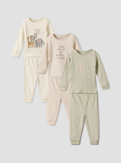 Pack of 3 Juniors Cotton Crew Neck Long Sleeves Pyjama Set with Safari Print-baby-boys-clothing-nightwear-pyjamasets-image-1