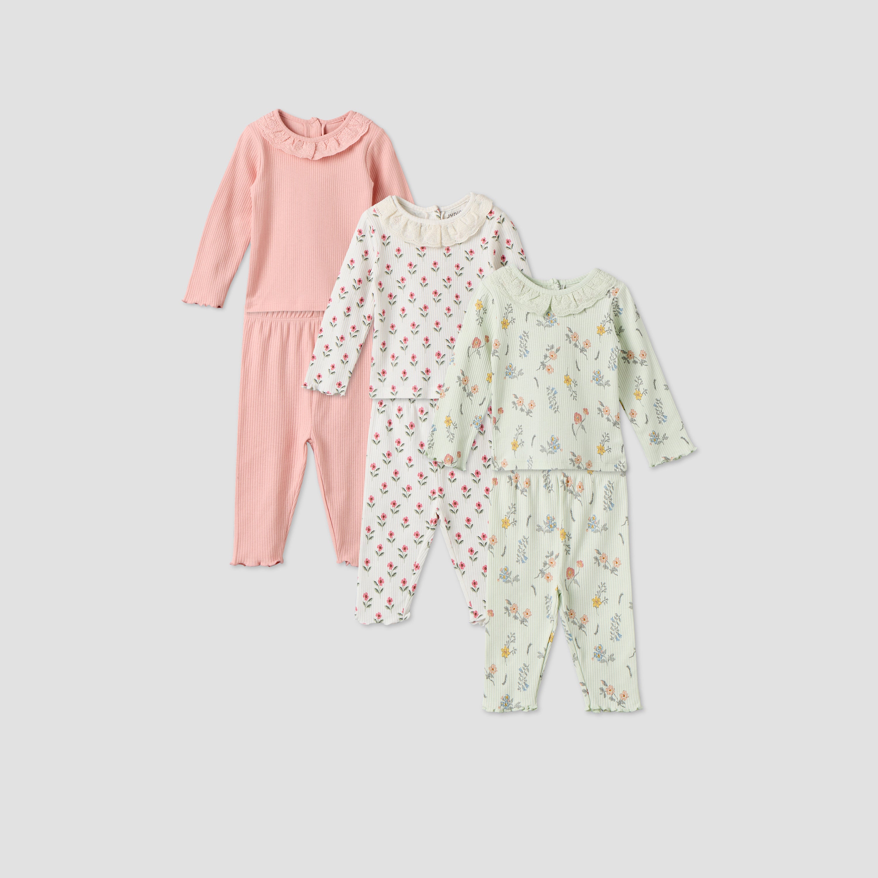 Pack of 3 Juniors Cotton Crew Neck Long Sleeves Pyjama Set with Floral Prints - Multicolour / 12-18 mths