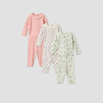 Pack of 3 Juniors Cotton Crew Neck Long Sleeves Pyjama Set with Floral Prints - Multicolour / 12-18 mths