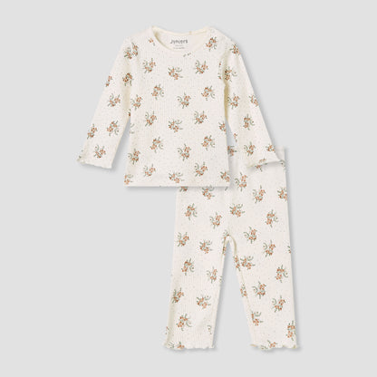 Juniors Pyjama Set with Floral Print - Cotton - Long Sleeves - Round Neck - Cream / 12-18 mths