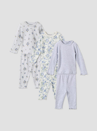 Pack of 3 Juniors Cotton Crew Neck Long Sleeves Pyjama Set with Floral Print-baby-girls-clothing-nightwear-pyjamasets-image-1