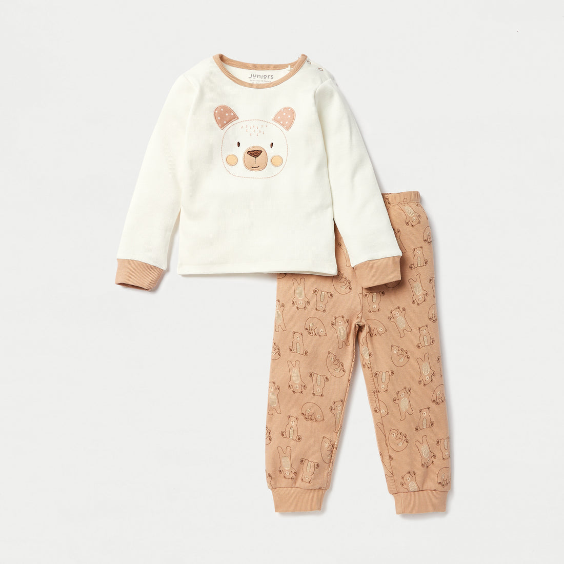 Juniors Bear Print Long Sleeves T-shirt and Pyjama Set - Beige / 18-24 mths