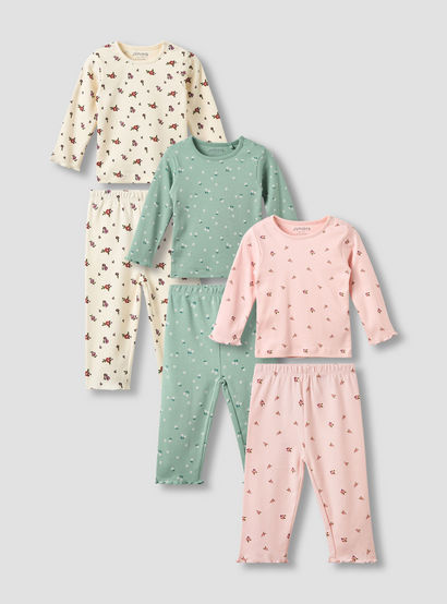 Pack of 3 Juniors Cotton Crew Neck Long Sleeves Pyjama Set with Floral Print-baby-girls-clothing-nightwear-pyjamasets-image-1