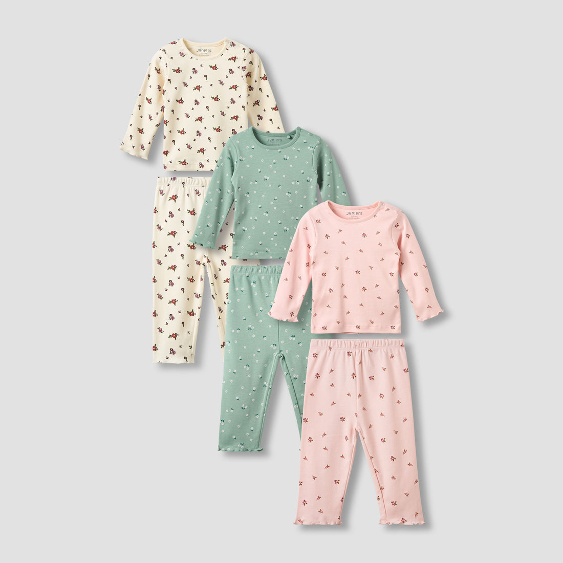 Pack of 3 Juniors Cotton Crew Neck Long Sleeves Pyjama Set with Floral Print - Multicolour / 12-18 mths