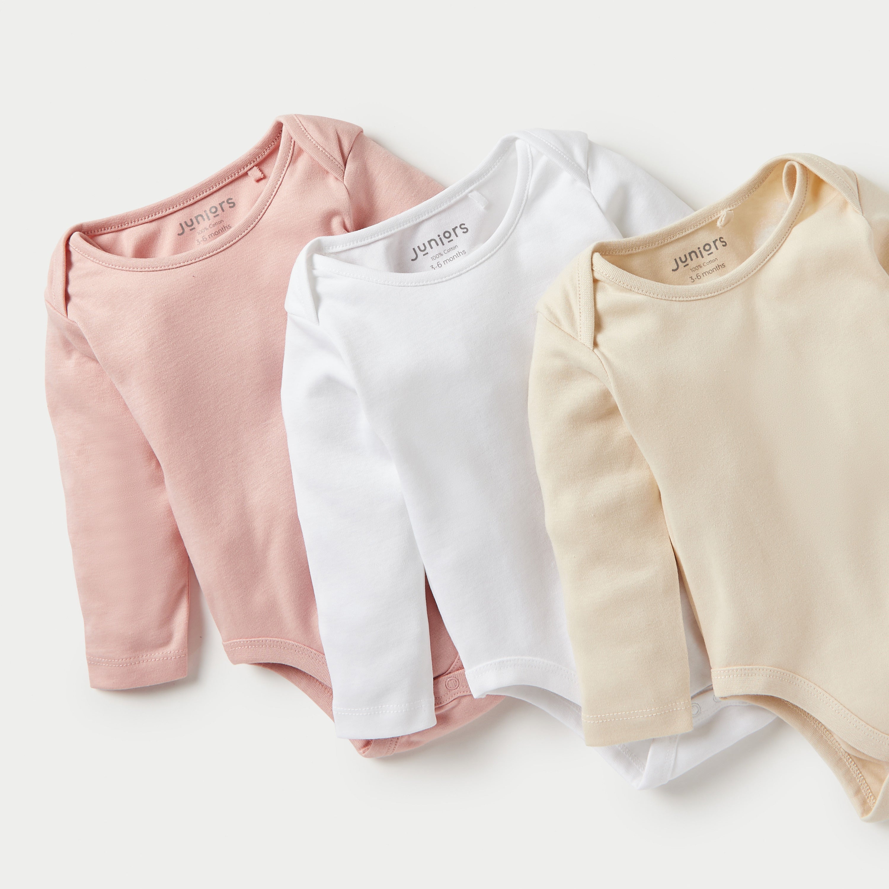 Juniors Solid Long Sleeves Bodysuit with Snap Button Closure - Set of 3
