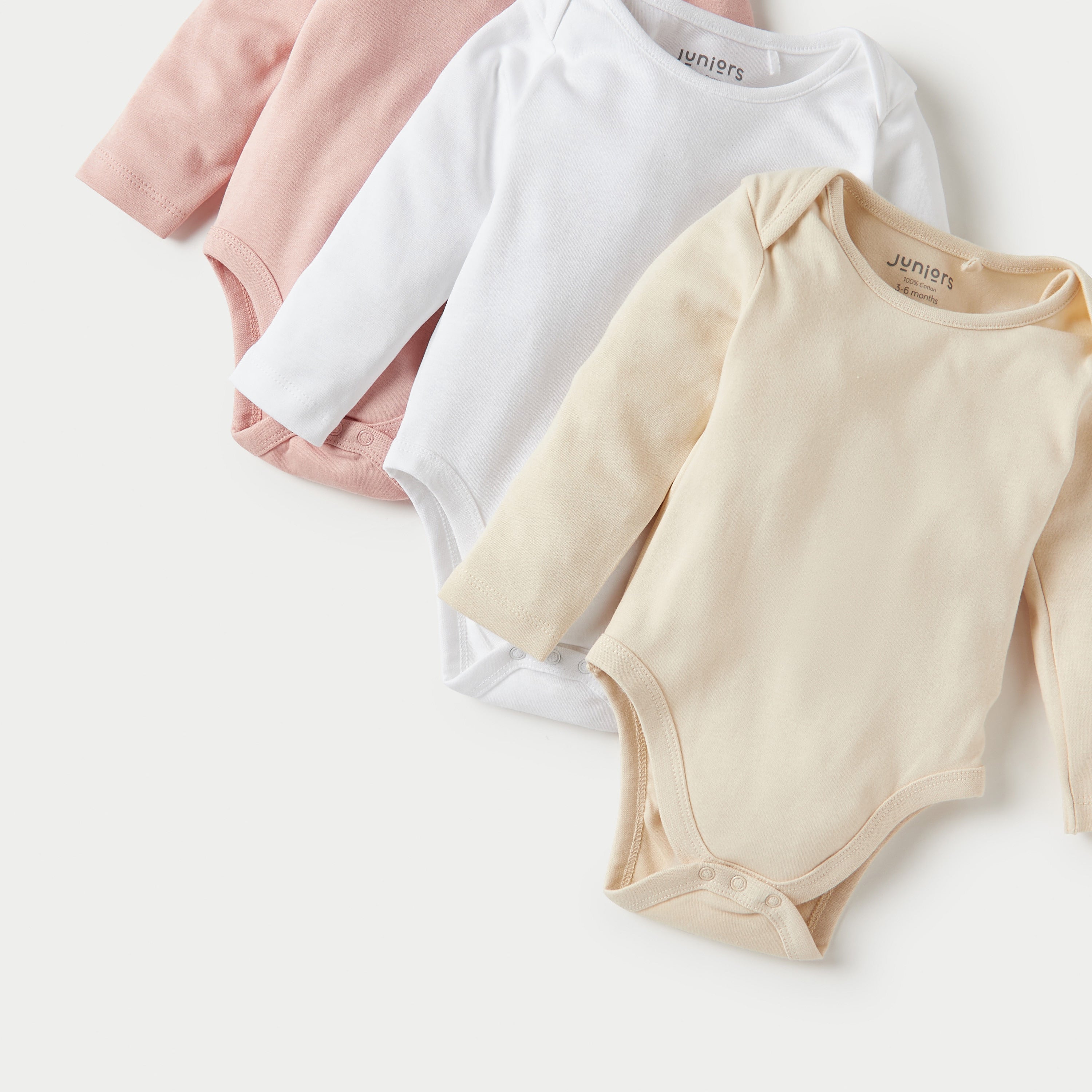 Juniors Solid Long Sleeves Bodysuit with Snap Button Closure - Set of 3