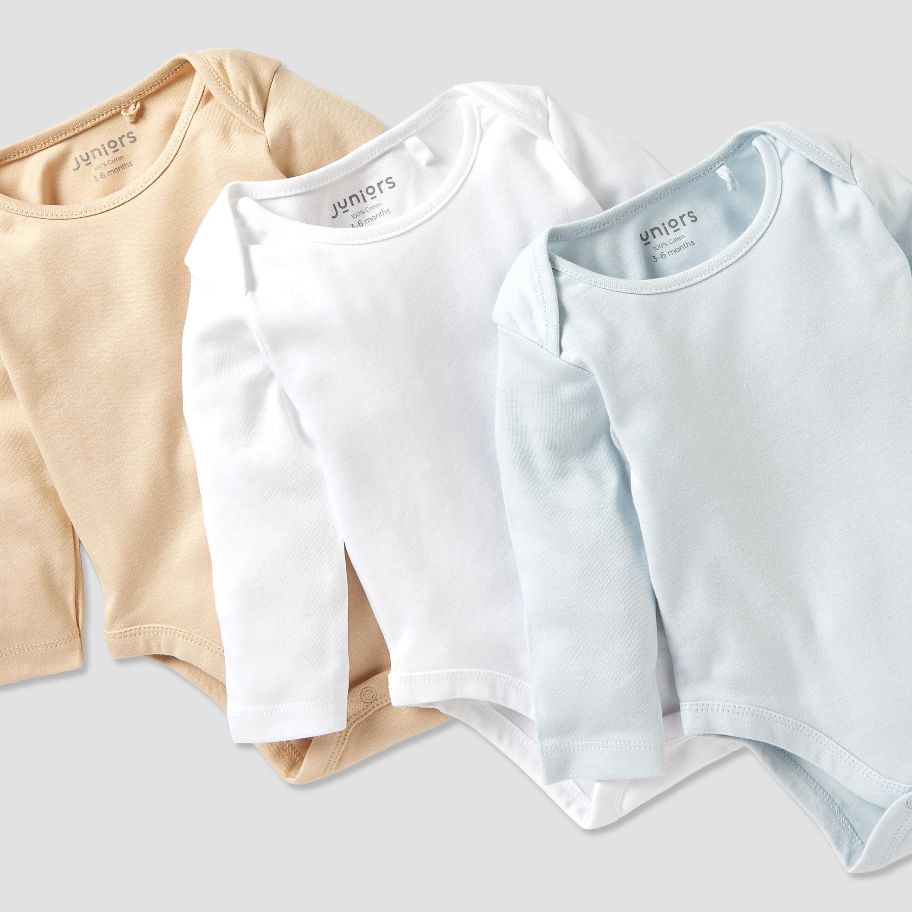 Juniors Solid Long Sleeves Bodysuit with Snap Button Closure - Set of 3