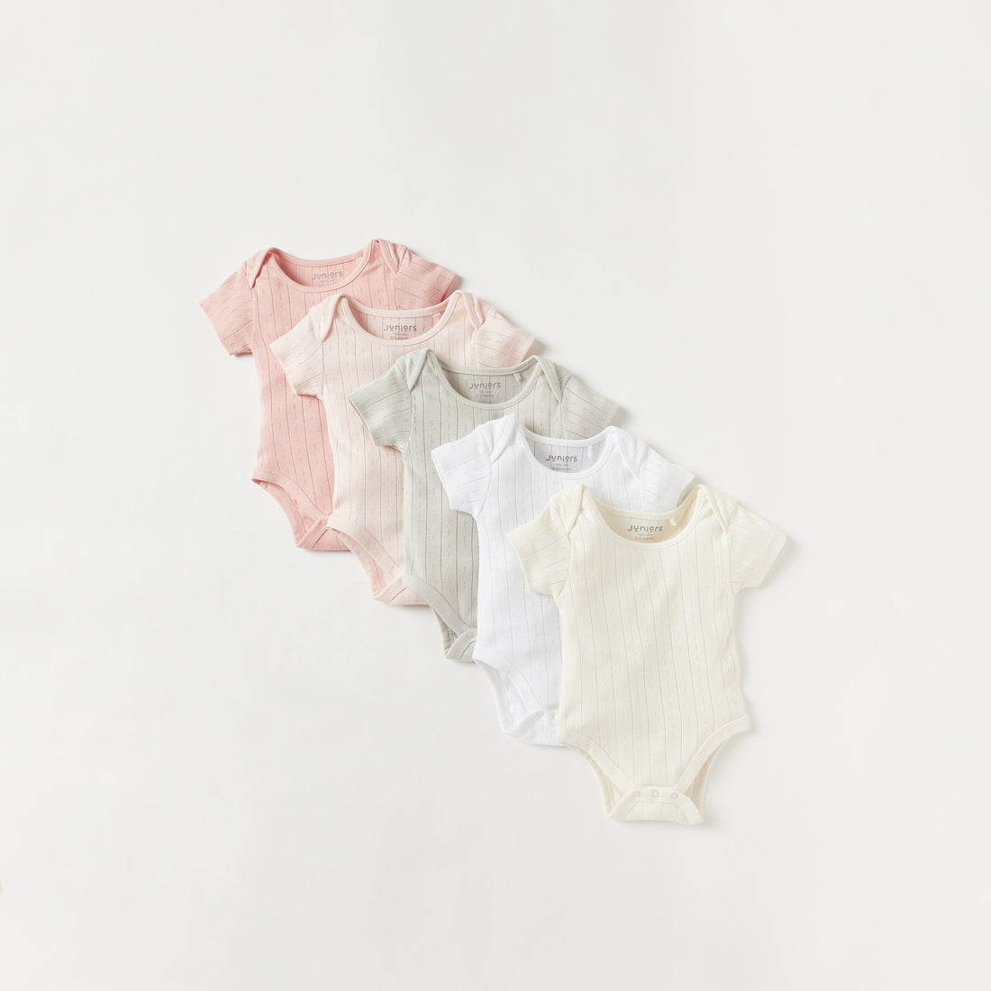 Juniors Pointelle Textured Bodysuit with Short Sleeves and Button Closure - Set of 5 - Multicolour / 12-18 mths