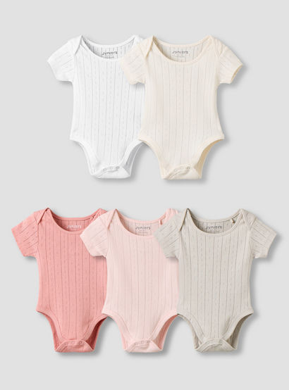 Juniors Pointelle Textured Bodysuit with Short Sleeves and Button Closure - Set of 5-baby-girls-clothing-bodysuits-image-1