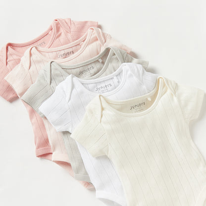 Juniors Pointelle Textured Bodysuit with Short Sleeves and Button Closure - Set of 5