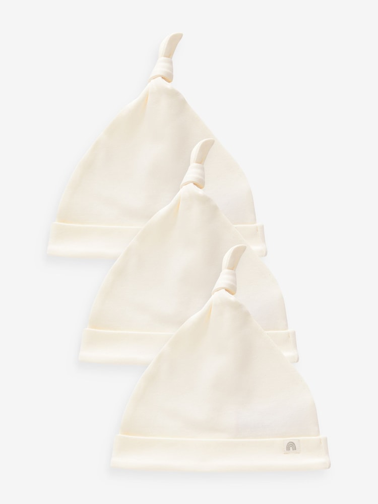 Cream 100% Cotton Tie Top Baby Hats 3 Pack (0-12mths) - Size 44cm (5lb) - Cream