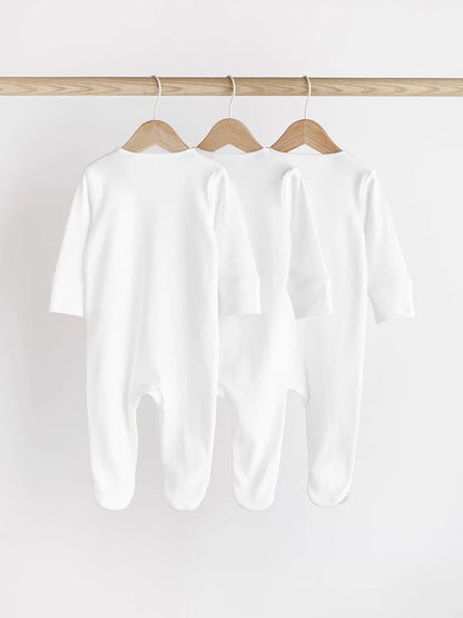 White Essential Zipped 100% Cotton Baby Sleepsuits 3 Pack (0-3yrs)