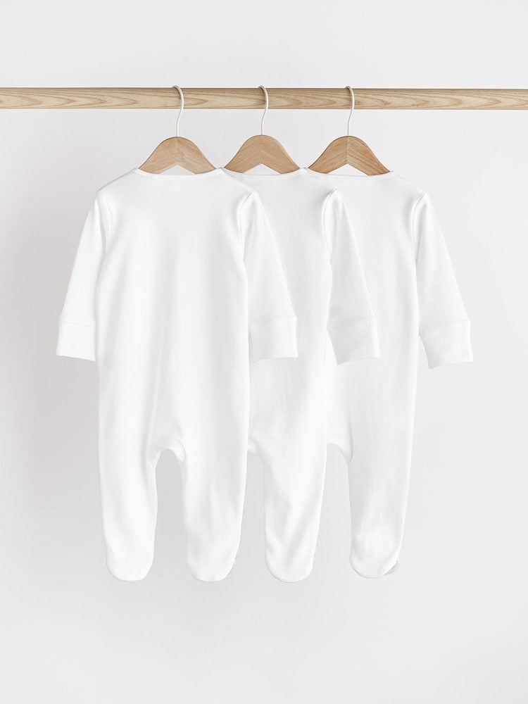 White Essential Zipped 100% Cotton Baby Sleepsuits 3 Pack (0-3yrs)