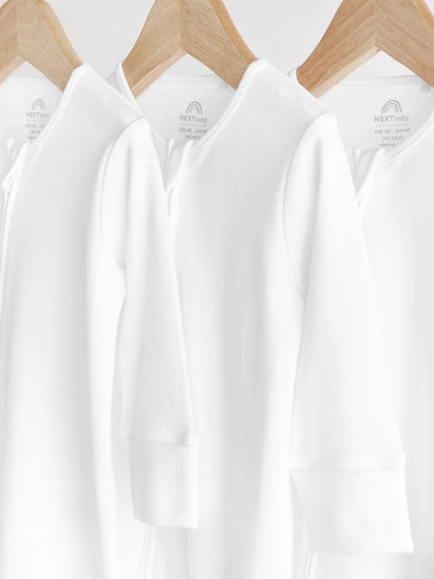 White Essential Zipped 100% Cotton Baby Sleepsuits 3 Pack (0-3yrs)