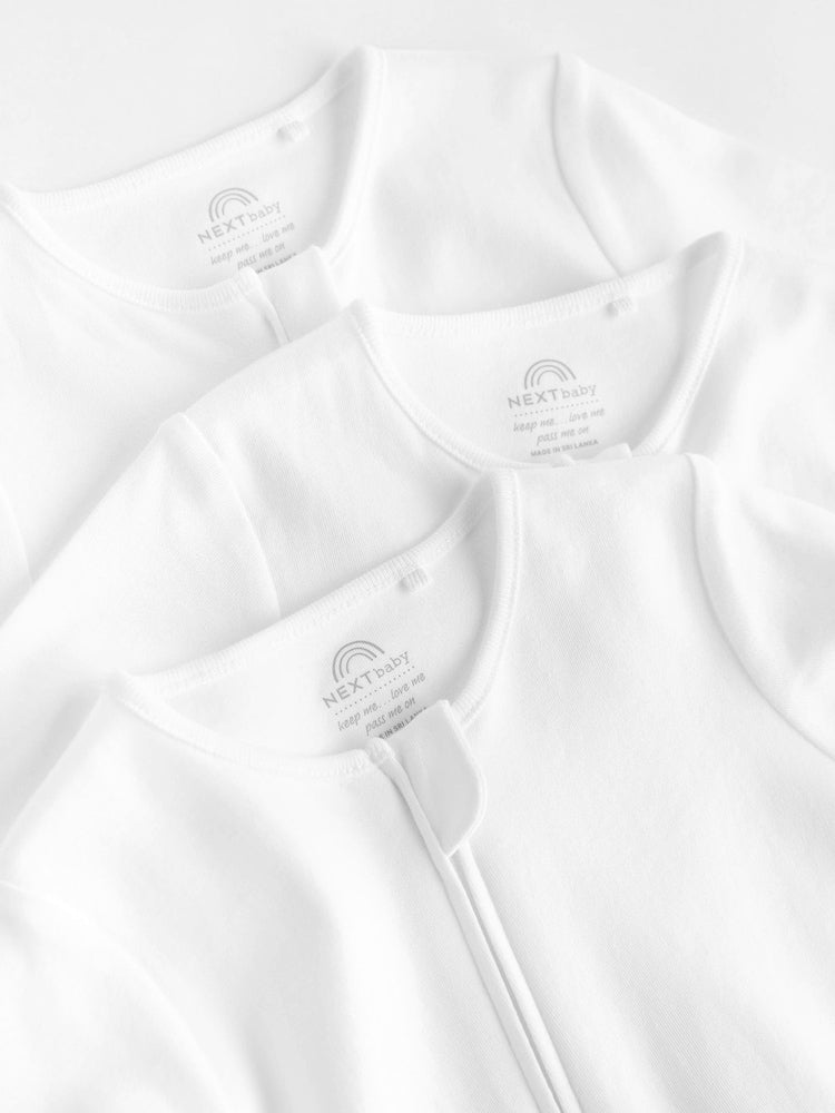 White Essential Zipped 100% Cotton Baby Sleepsuits 3 Pack (0-3yrs)