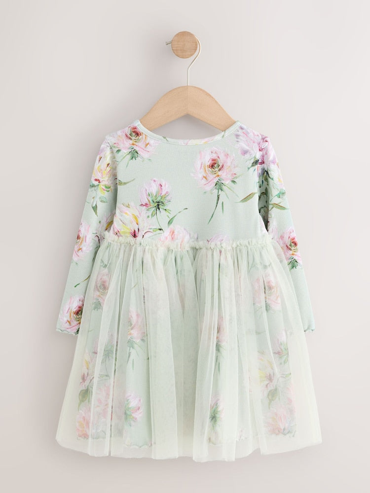 Green Long Sleeve Ribbed Mesh Dress (3mths-7yrs)
